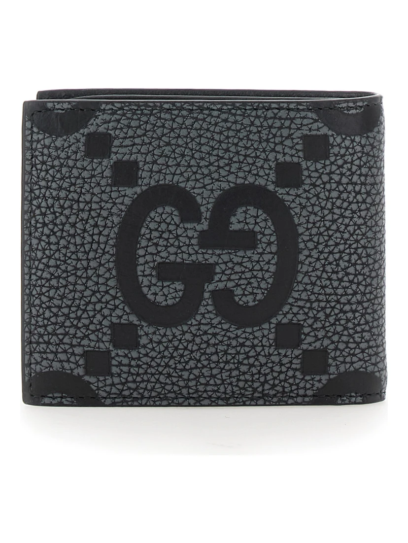 Grey and Black Wallet with GG Maxi Logo on Front in Hammered Leather Man