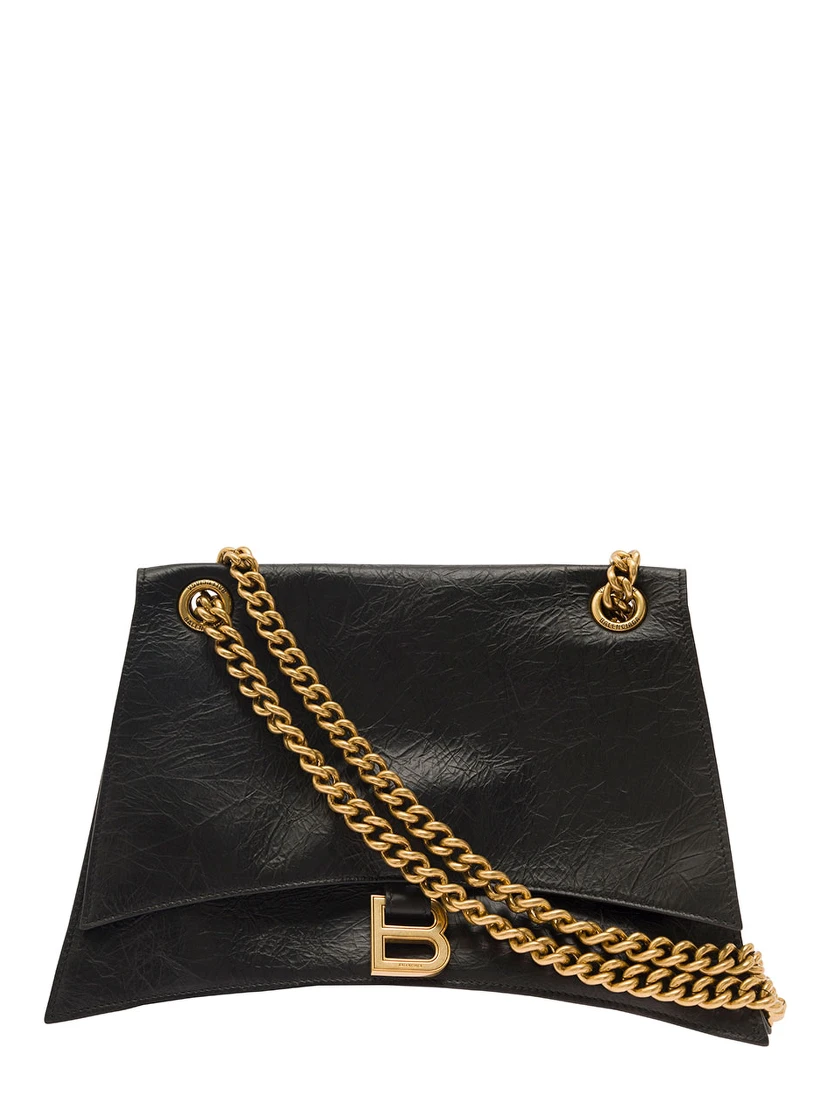 Crus Medium Black Shoulder Bag with B Logo Hardware in Crushed Leather Woman