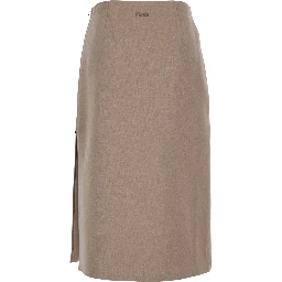 Beige Pencil Skirt with Rear Logo Lettering Embroidery and Side Slit in Linen Woman