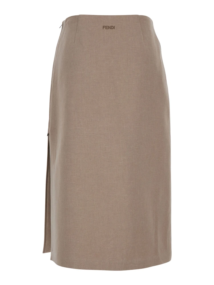 Beige Pencil Skirt with Rear Logo Lettering Embroidery and Side Slit in Linen Woman alternative