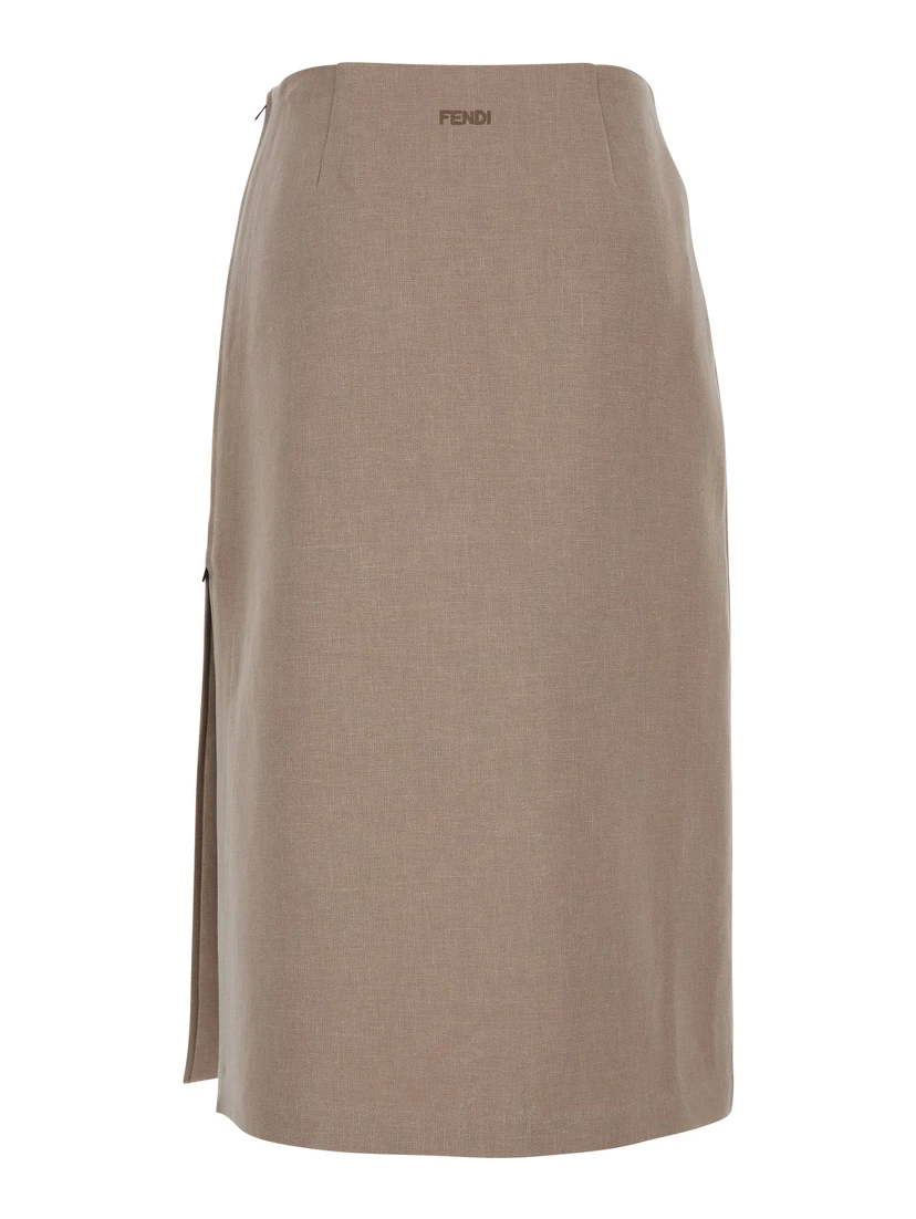 Beige Pencil Skirt with Rear Logo Lettering Embroidery and Side Slit in Linen Woman