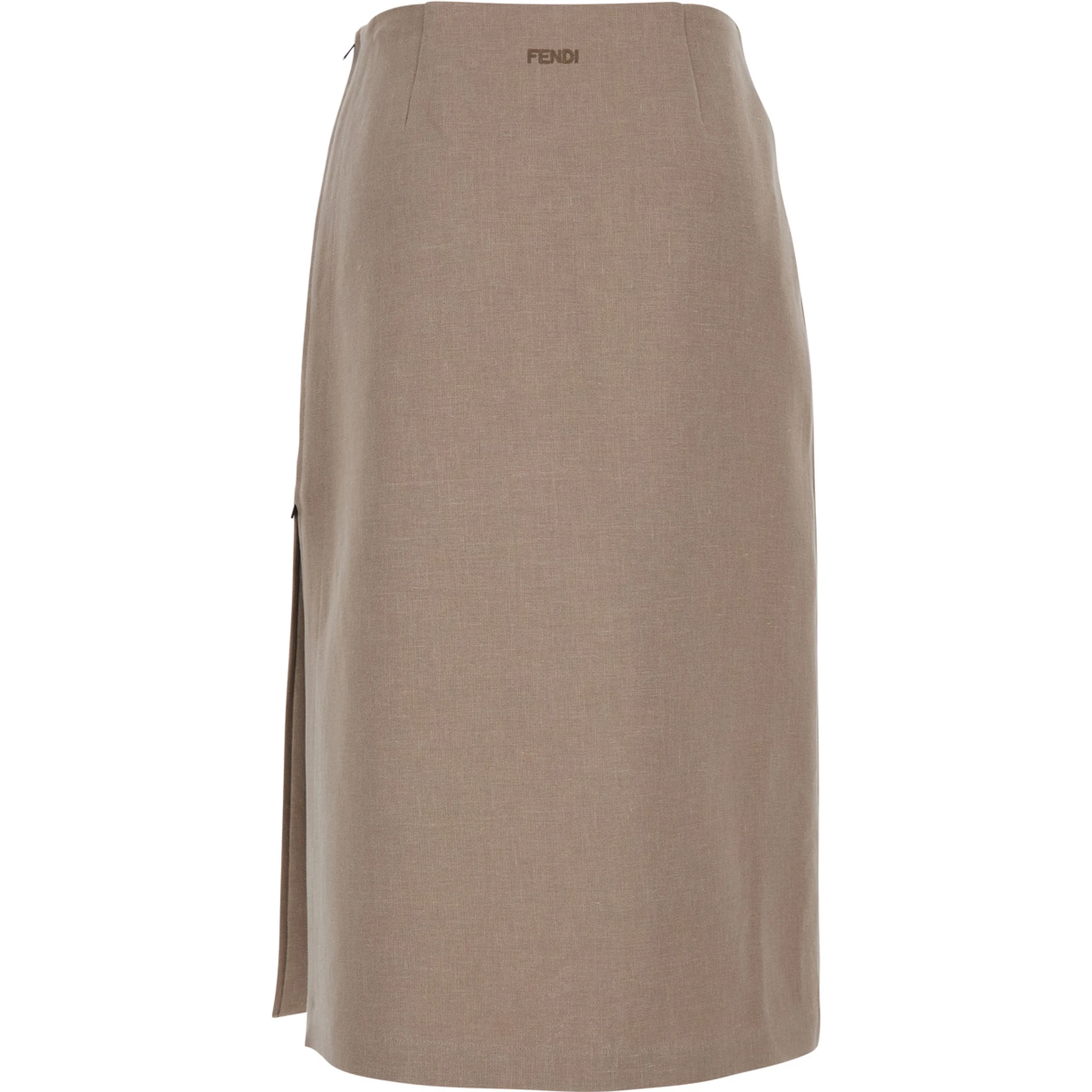 Beige Pencil Skirt with Rear Logo Lettering Embroidery and Side Slit in Linen Woman