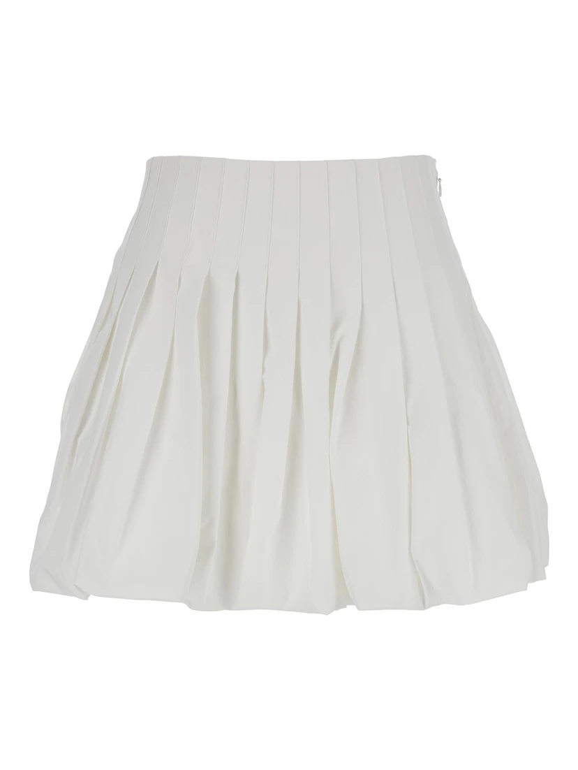 White Mini Skirt with Concealed Side Zip Closure and Pleated Details in Cotton Woman