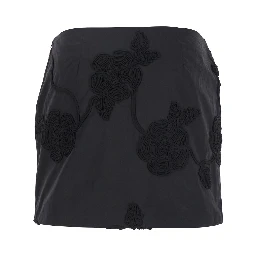 Black Mini Skirt with 3D Floral Details Applied All-Over in Cotton Woman