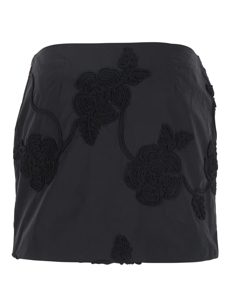 Black Mini Skirt with 3D Floral Details Applied All-Over in Cotton Woman alternative