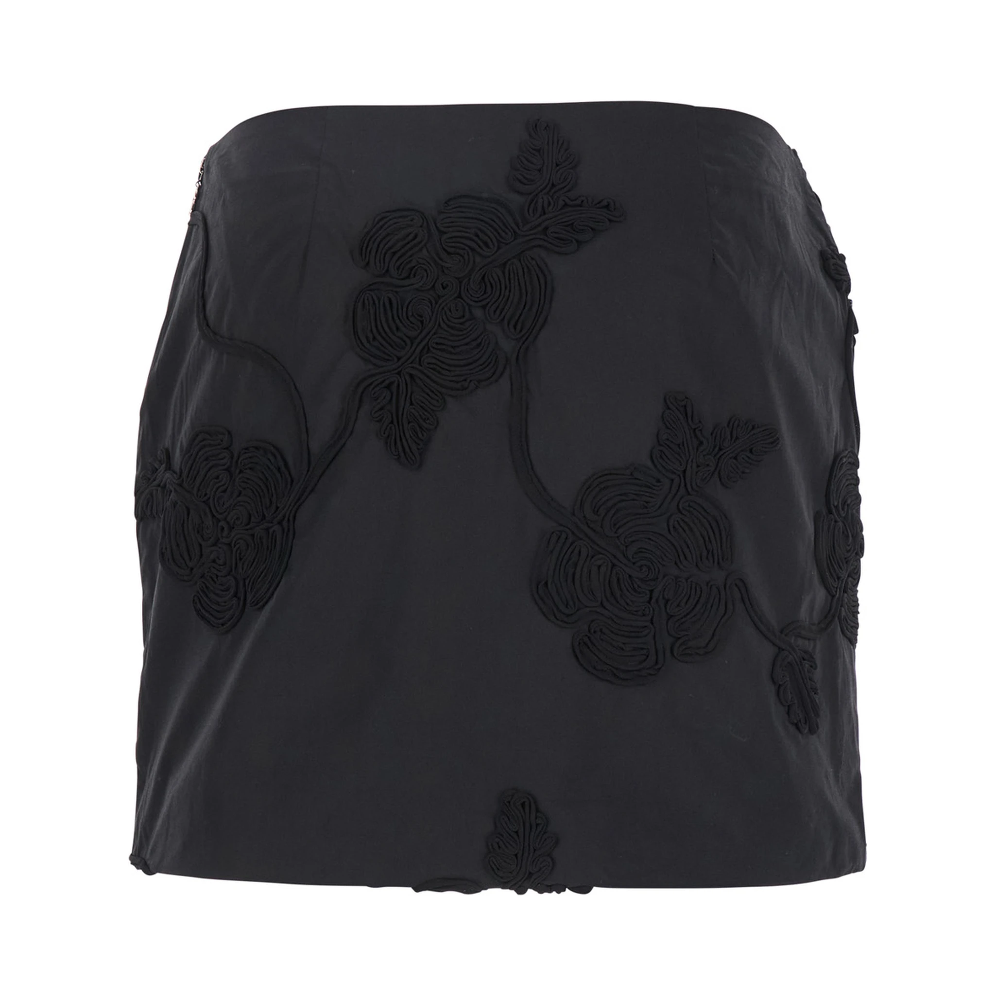 Black Mini Skirt with 3D Floral Details Applied All-Over in Cotton Woman