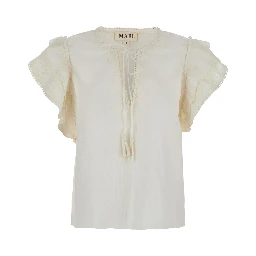 White Top with V-Neck on the Front and Knot Closure in Fabric Woman