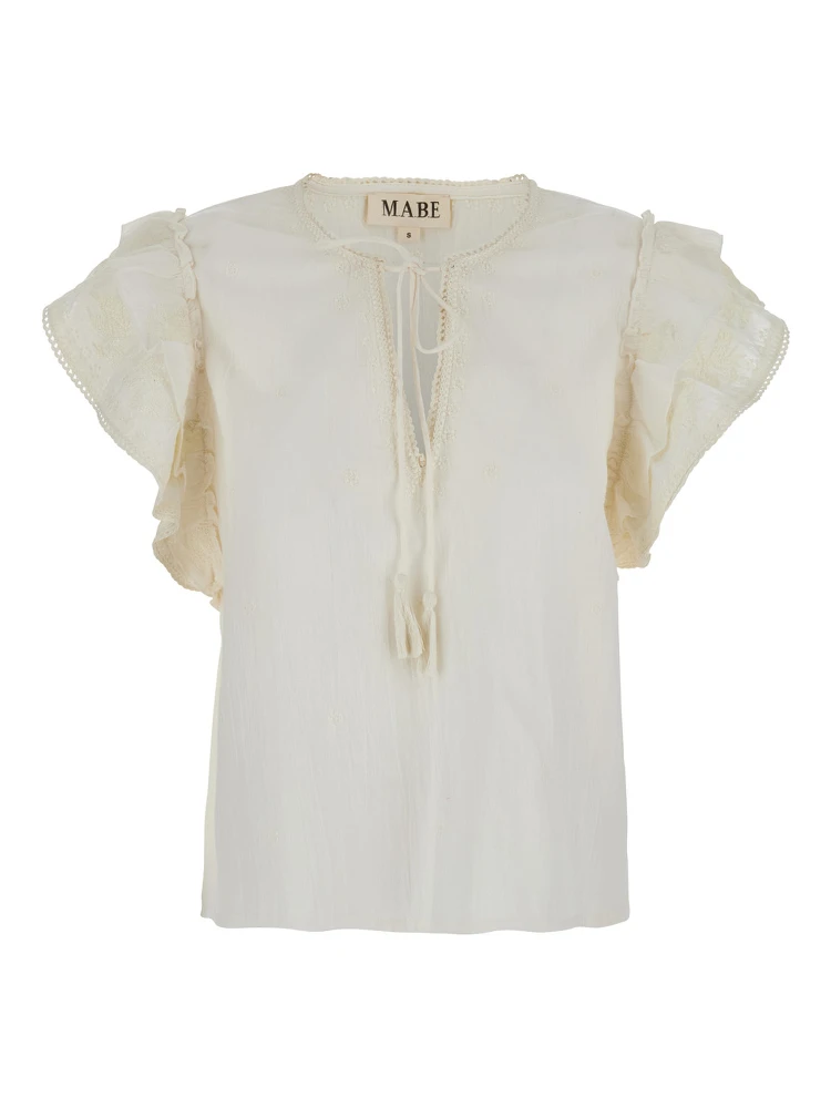 White Top with V-Neck on the Front and Knot Closure in Fabric Woman
