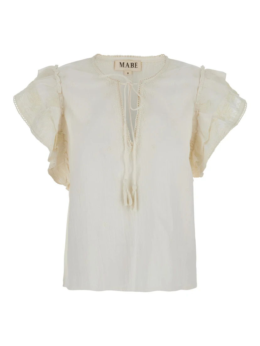 White Top with V-Neck on the Front and Knot Closure in Fabric Woman