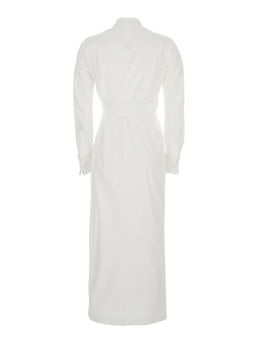 Balzac White Long Dress with Asymmetrical Pence Sewn at the Waist in Cotton Twill Woman
