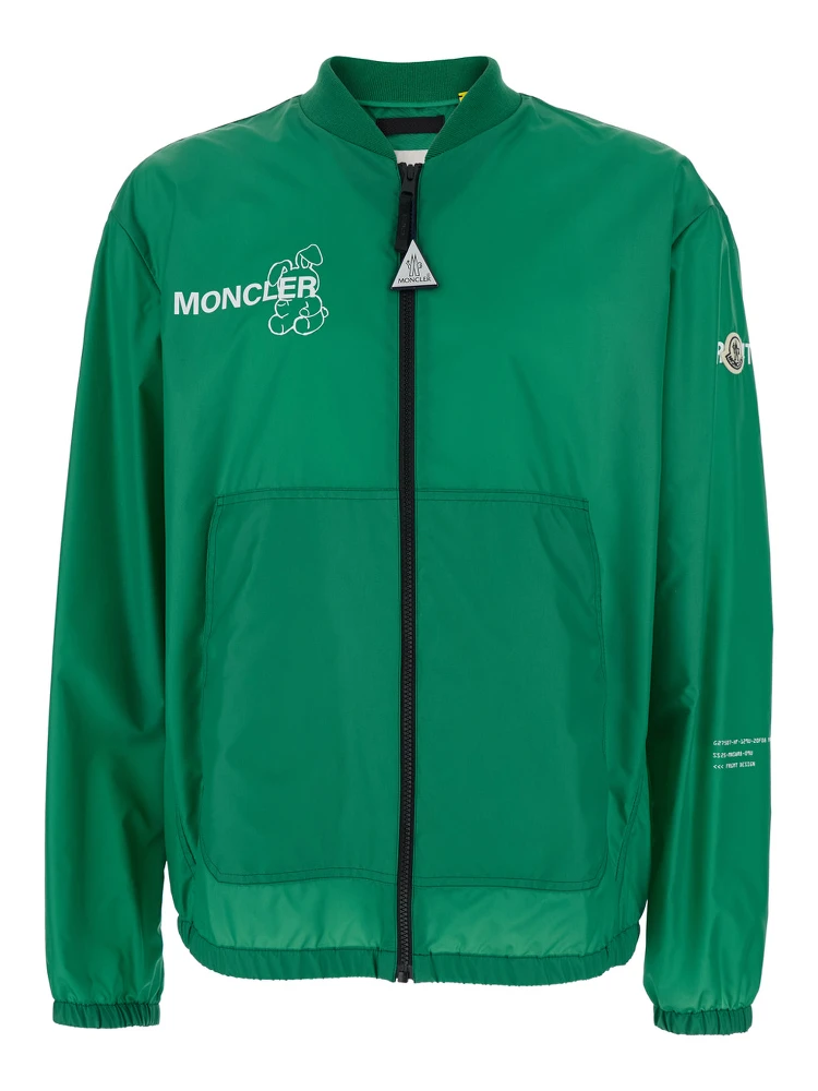 Ostria Green Bomber Jacket with Maxi Print on the Rear and Logo Patch on the Sleeve in Tech Fabric Man
