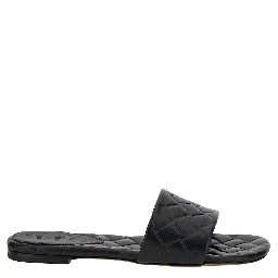 Slide Amy Black Sandals with Intreccio Motif in Leather Woman