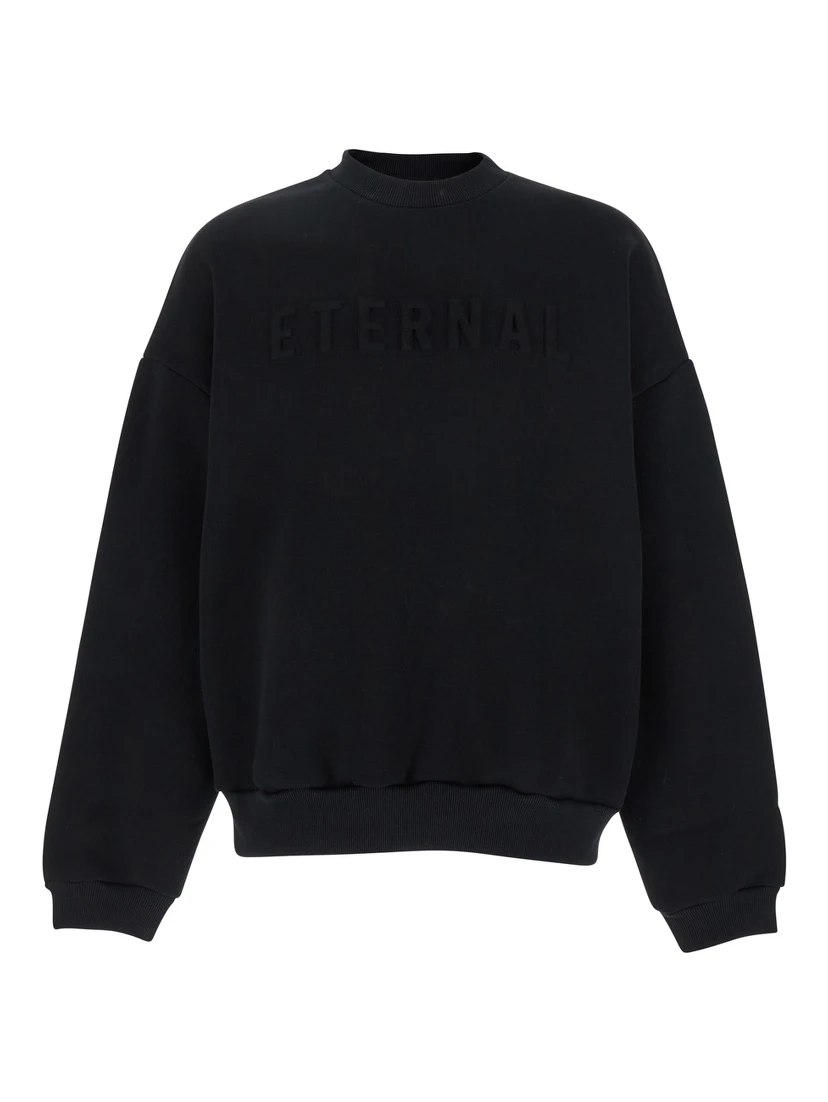 Black Crewneck Sweater with Tonal Logo Lettering Embroidery on the Front in Cotton Blend Man