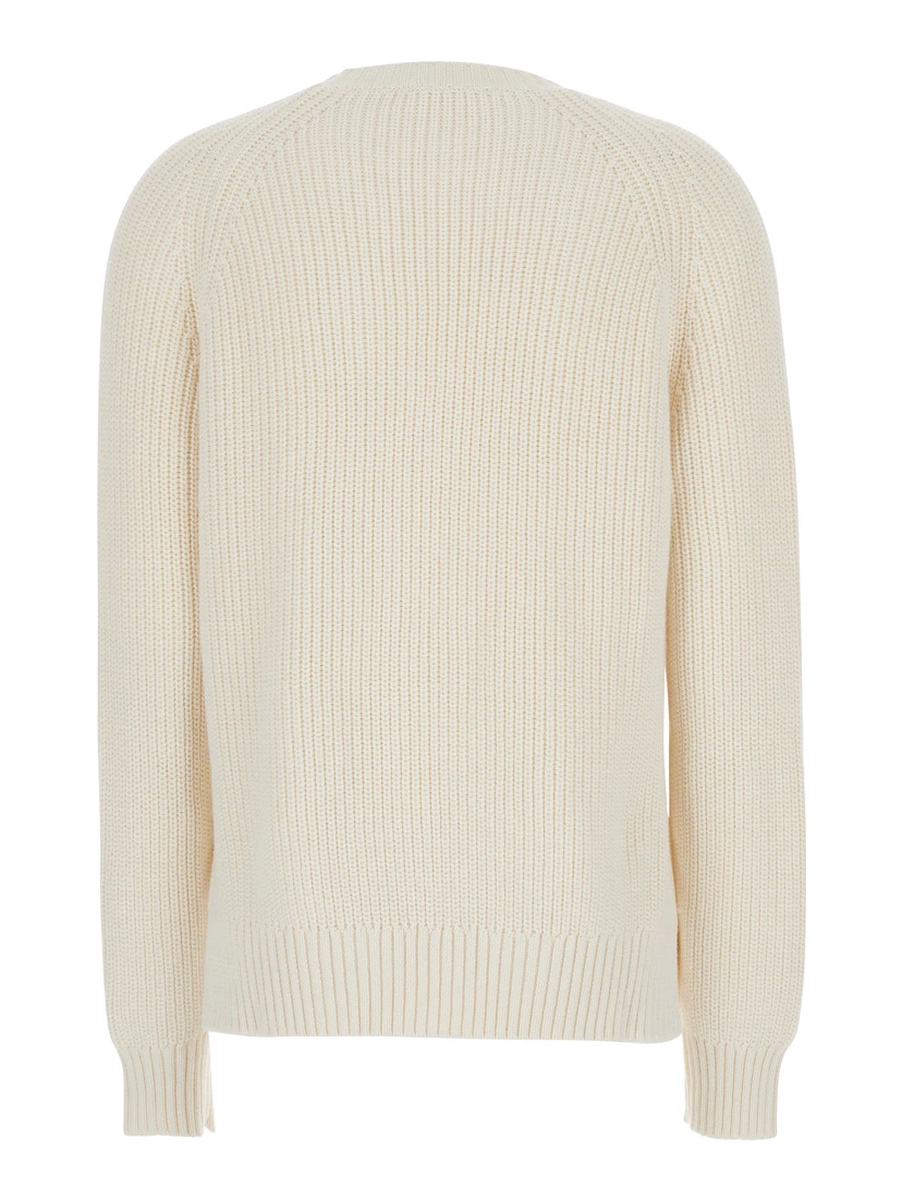 White Knit Crewneck Sweater in Cotton and Cashmere Blend Woman