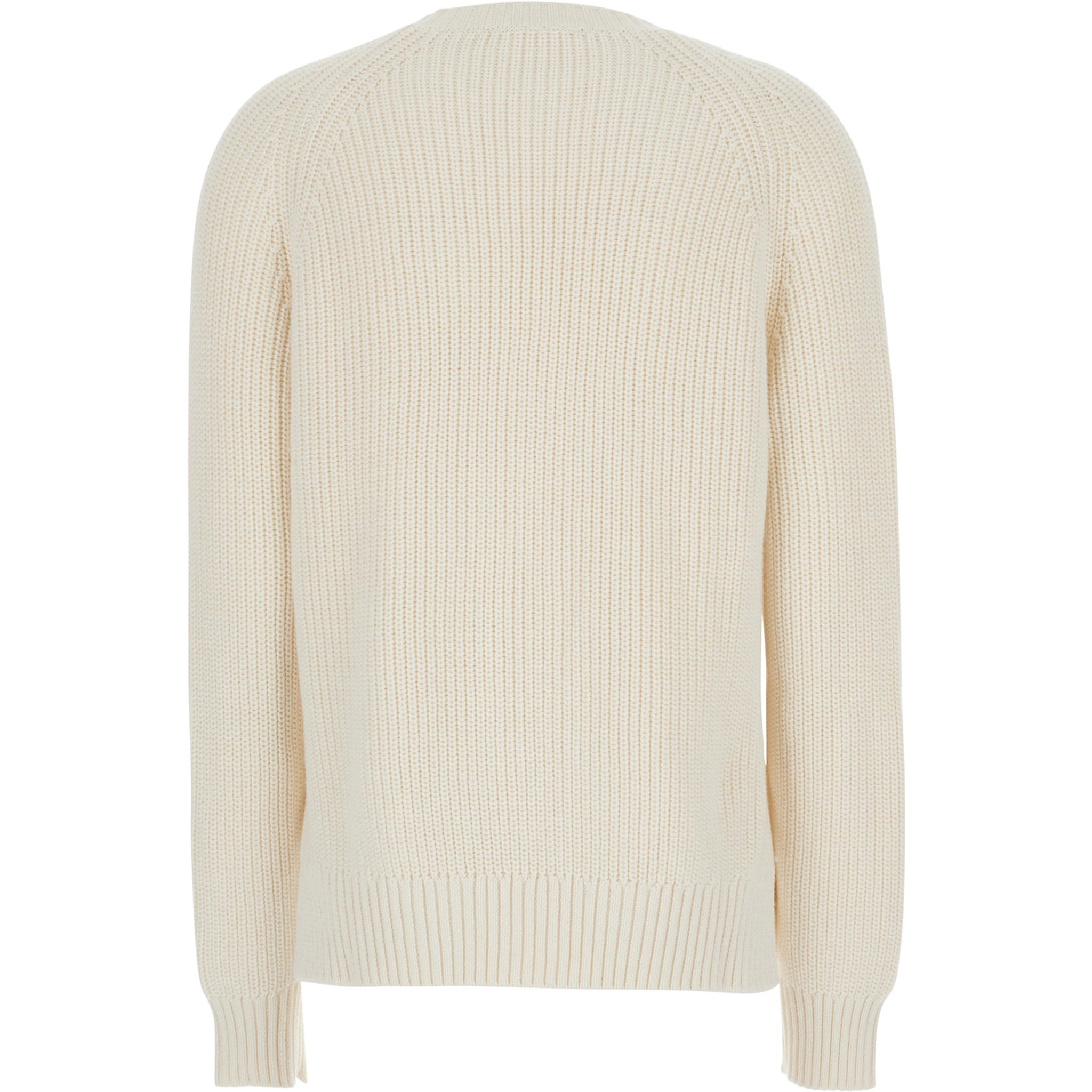 White Knit Crewneck Sweater in Cotton and Cashmere Blend Woman