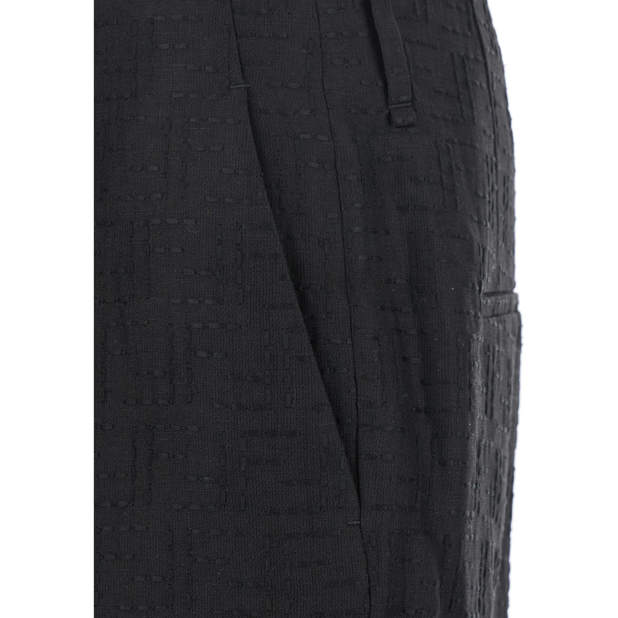 Black Pants with Belt Loops amd All-Over FF Embroidery in Linen Man