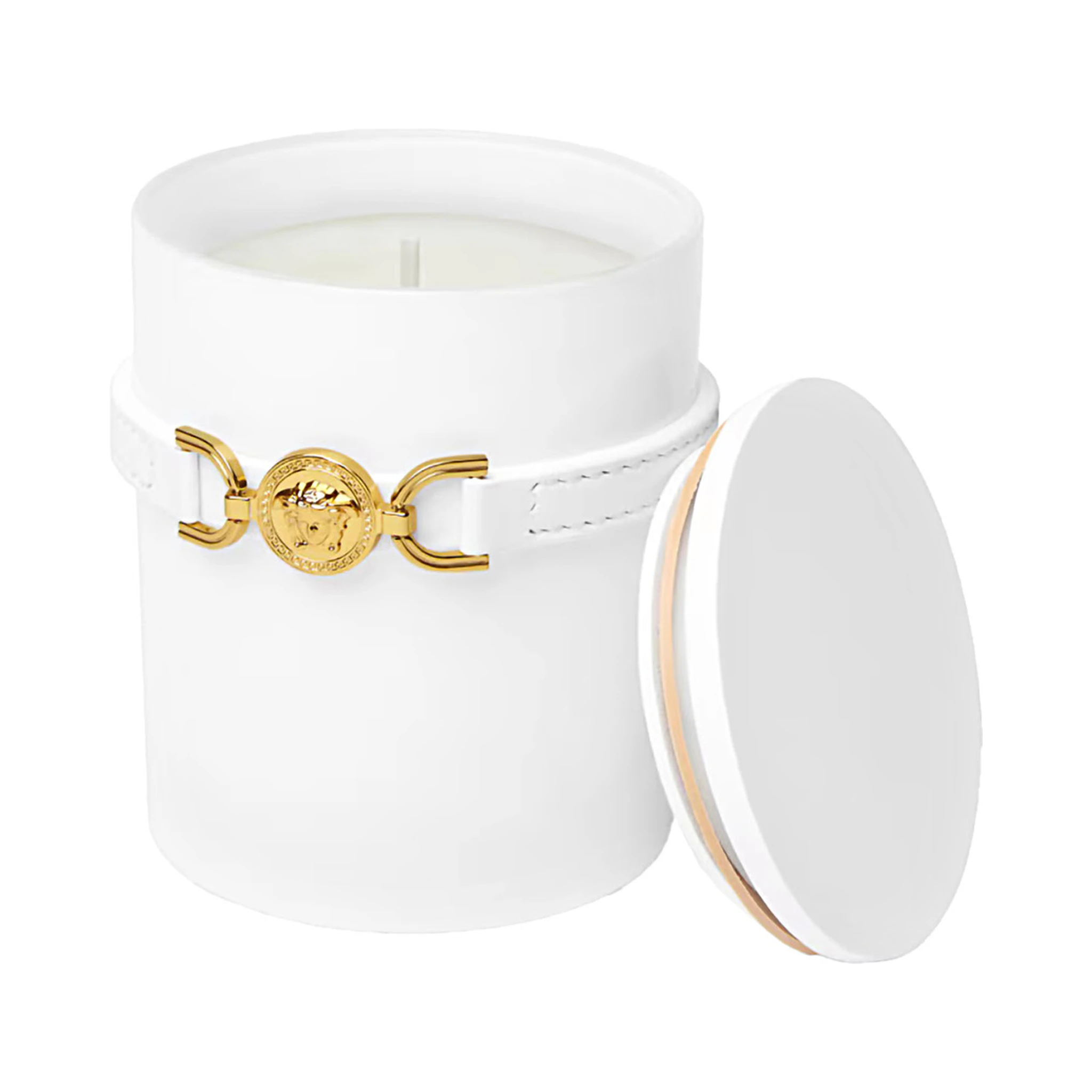 Medusa 95 White Candle with Wood Lid and Removable Leather Strap in Wood and Glass Home