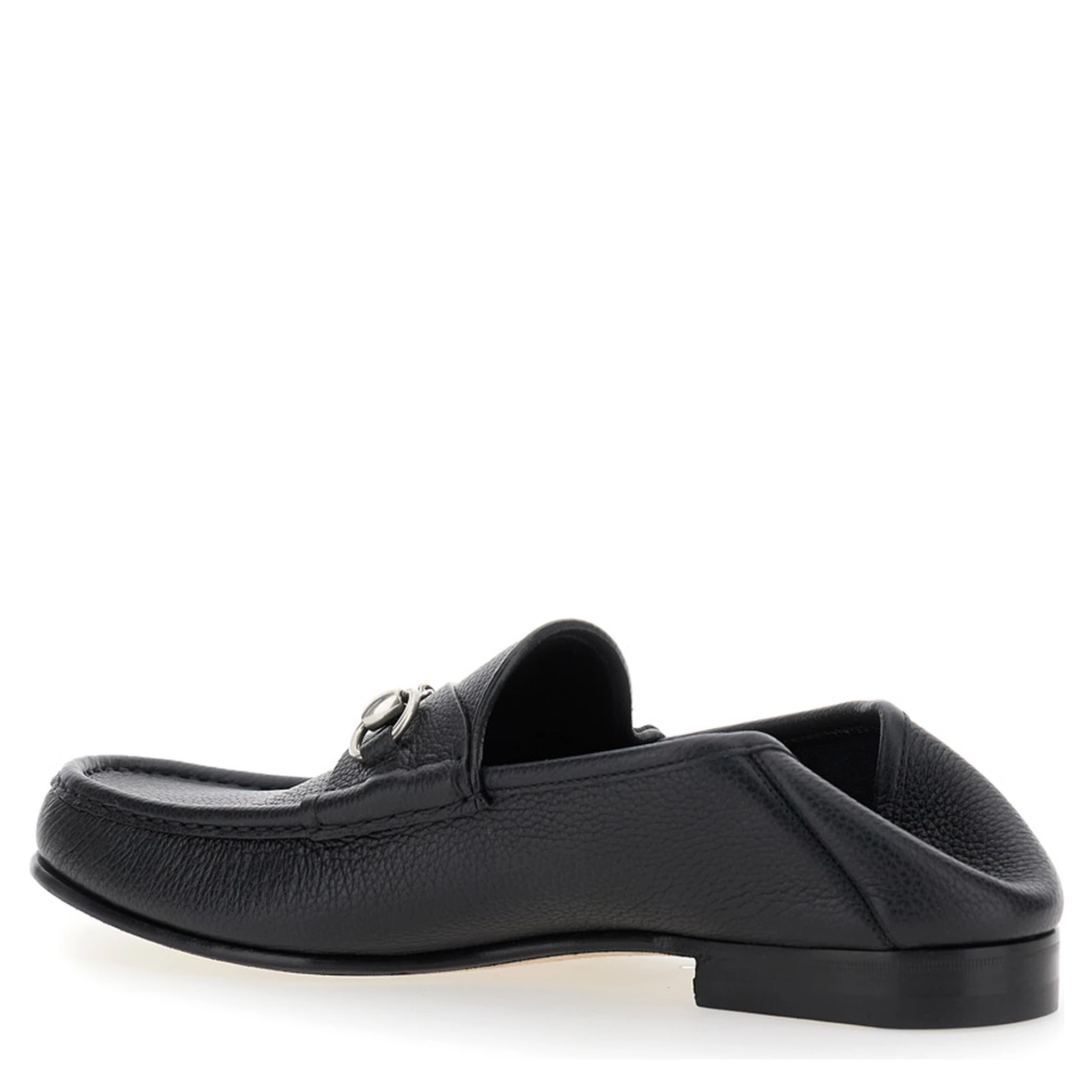 Black Loafers with Horsebit Detail on the Front in Hammered Leather Man