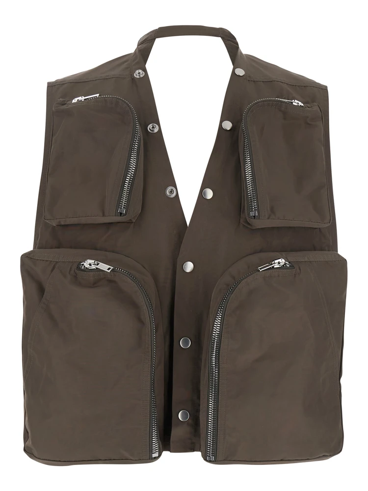 Grey Vest with V-Neck and Cargo Pockets in Cotton Man