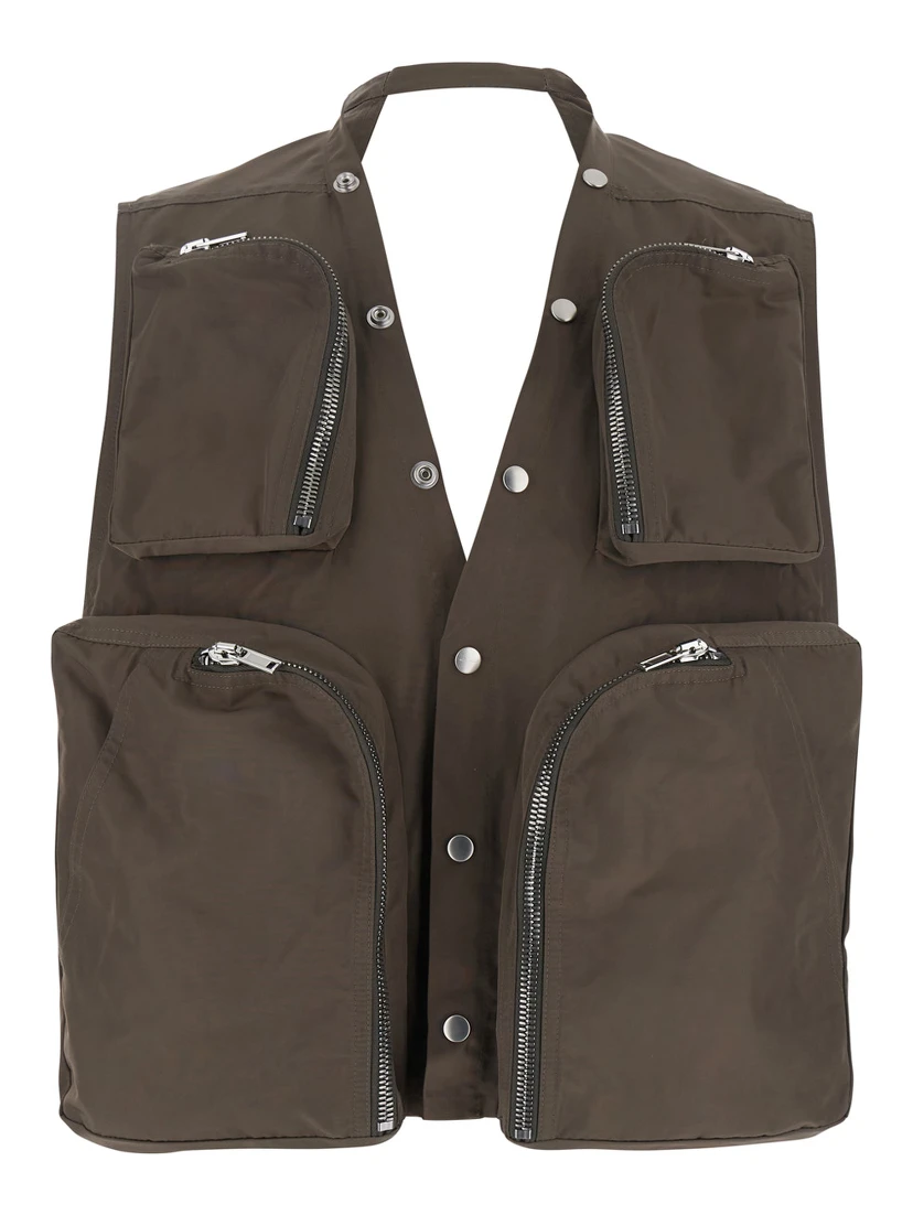 Grey Vest with V-Neck and Cargo Pockets in Cotton Man