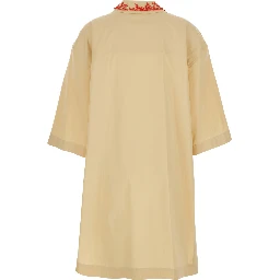 Beige Dress with Open Polo Shirt Style Collar and Embroidery on the Collar in Cotton Woman