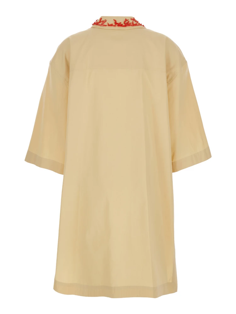 Beige Dress with Open Polo Shirt Style Collar and Embroidery on the Collar in Cotton Woman