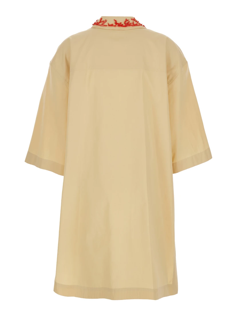 Beige Dress with Open Polo Shirt Style Collar and Embroidery on the Collar in Cotton Woman