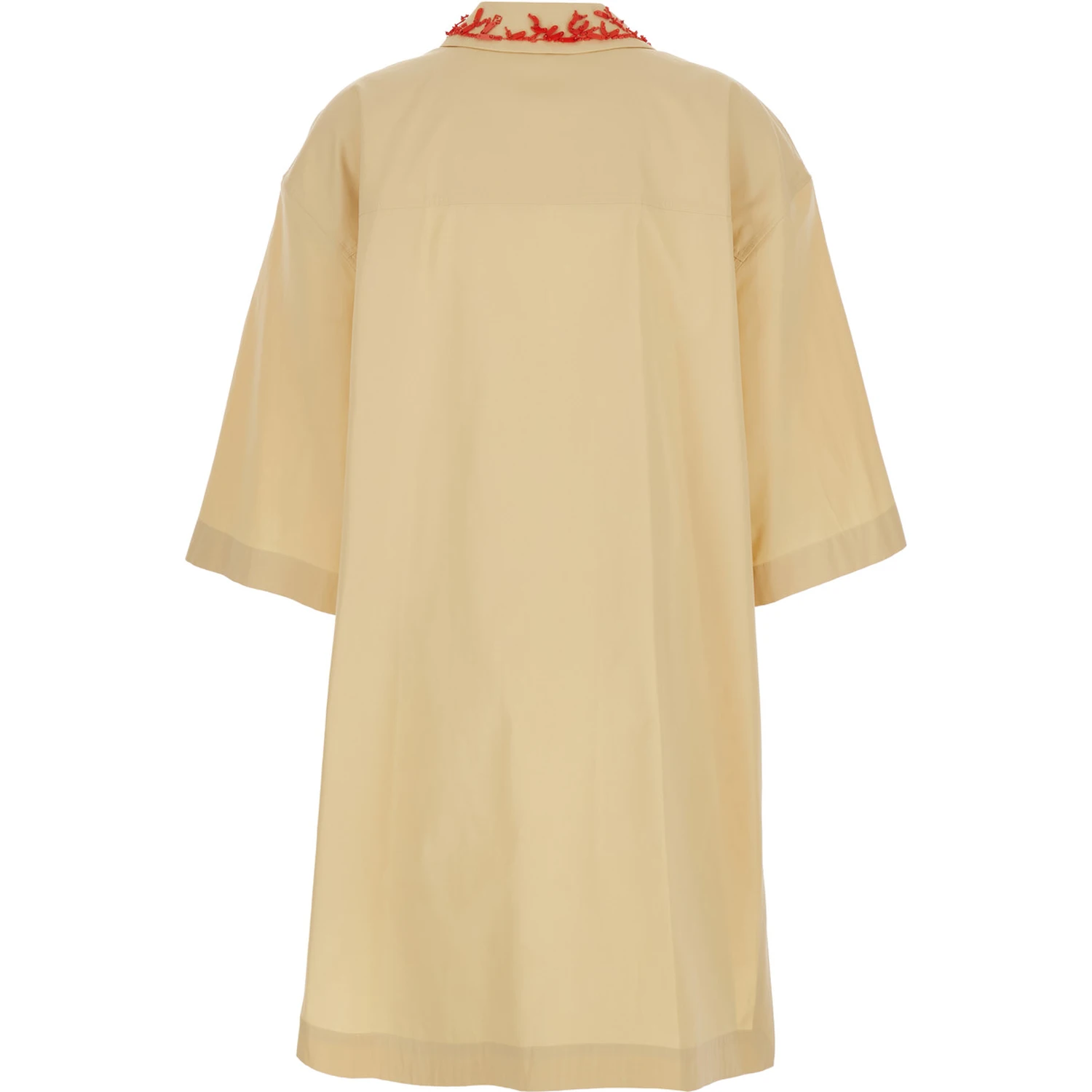 Beige Dress with Open Polo Shirt Style Collar and Embroidery on the Collar in Cotton Woman