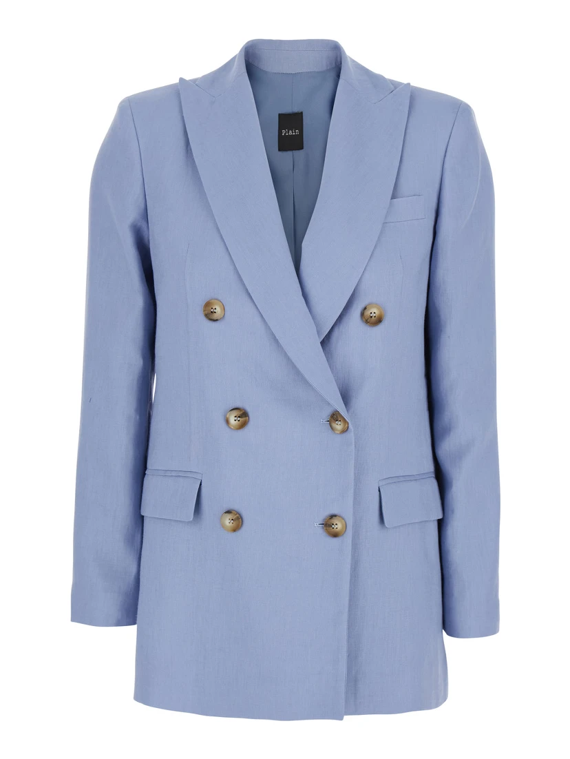 Light Blue Double-Breasted Jacket with Classic Lapels in Linen Woman