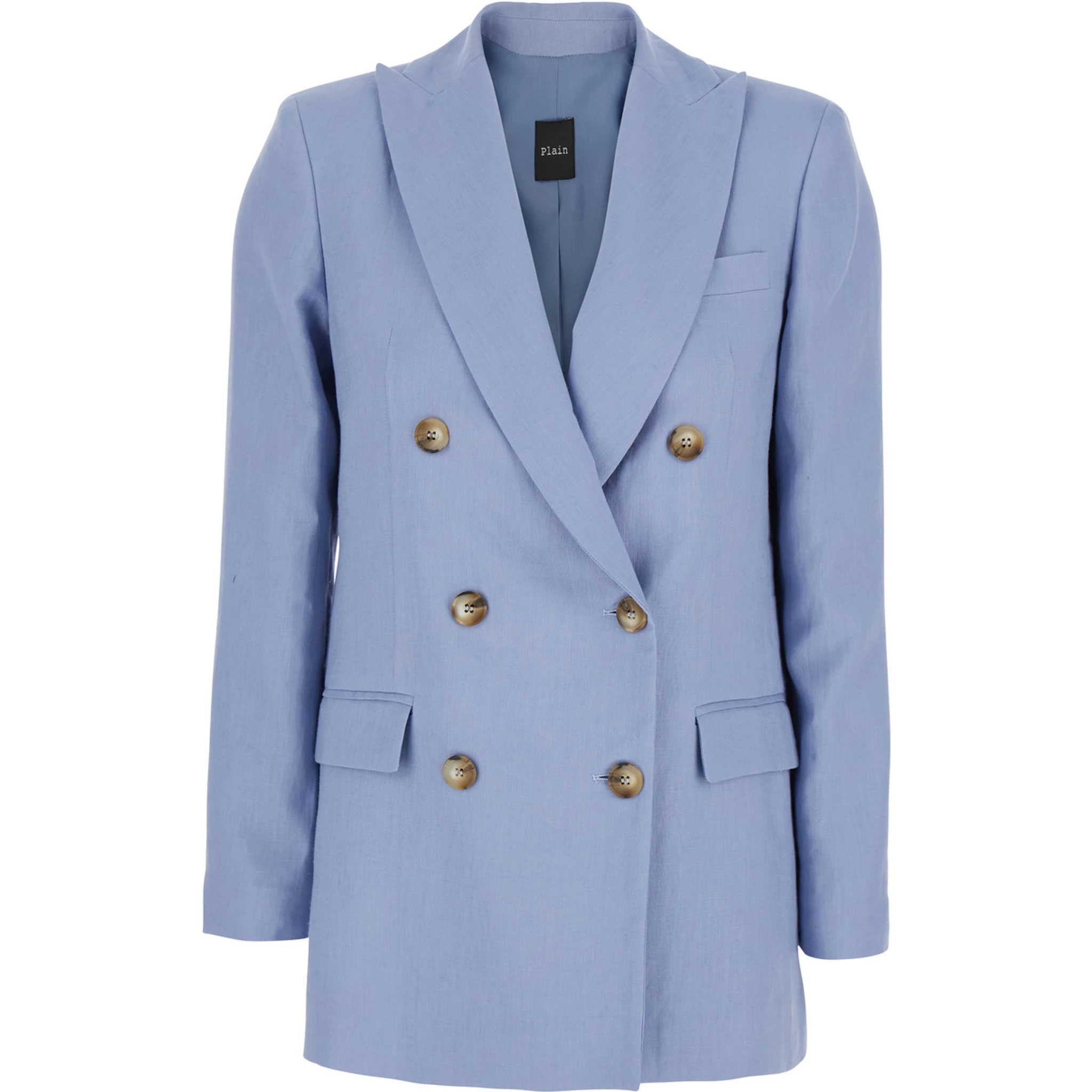 Light Blue Double-Breasted Jacket with Classic Lapels in Linen Woman