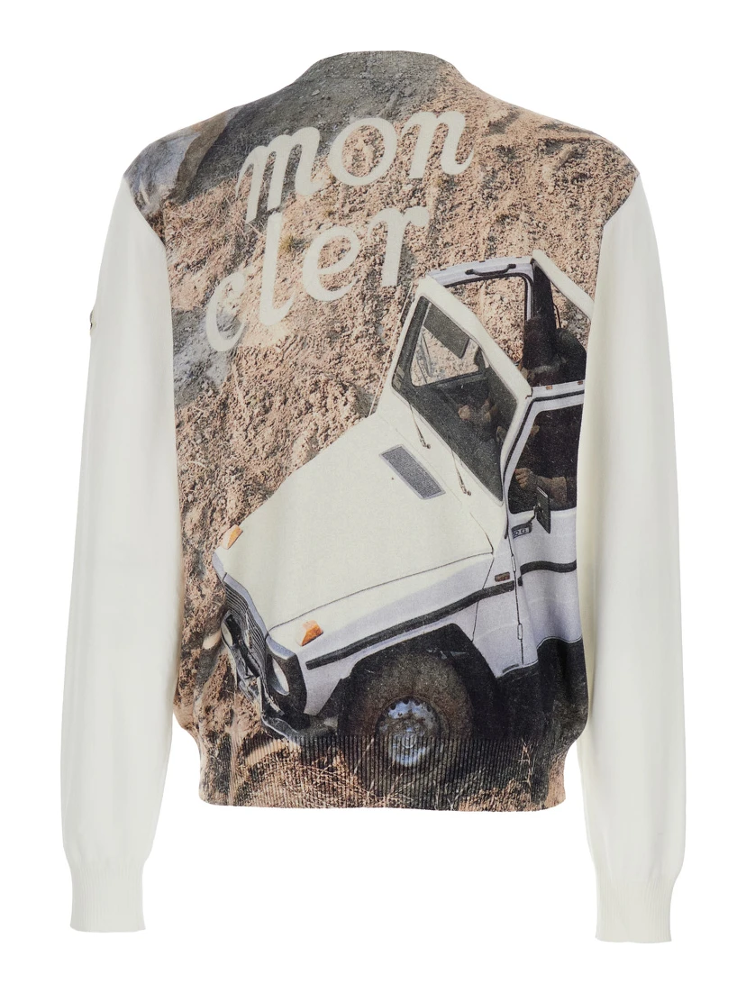 Multicolor Crewneck Sweater with Logoed Motif with Car Print and Logo Patch in Cotton Man