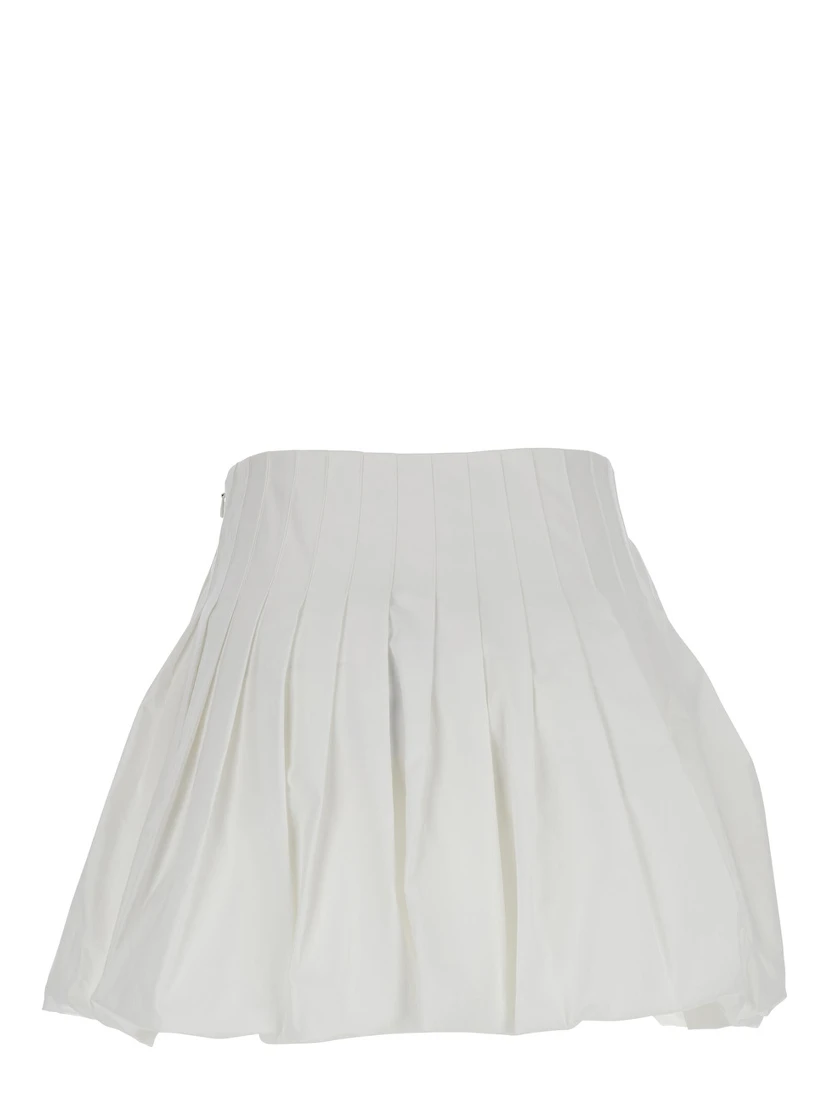 White Mini Skirt with Concealed Side Zip Closure and Pleated Details in Cotton Woman