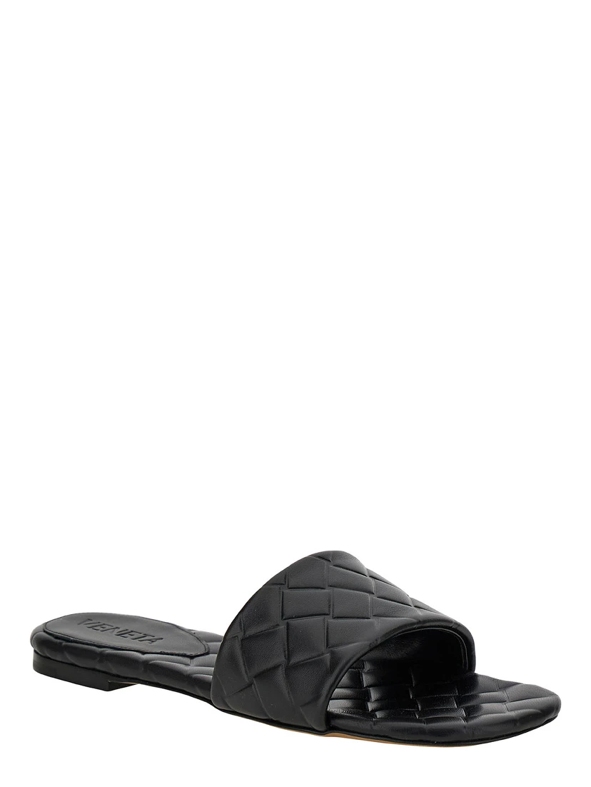Slide Amy Black Sandals with Intreccio Motif in Leather Woman