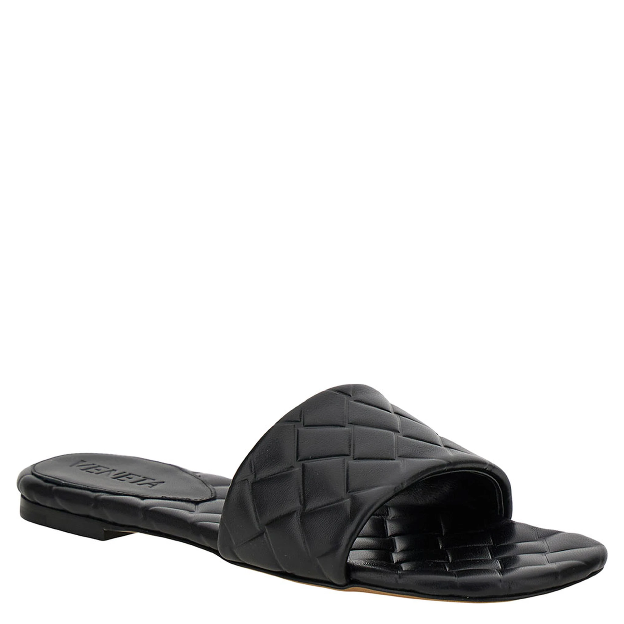 Slide Amy Black Sandals with Intreccio Motif in Leather Woman