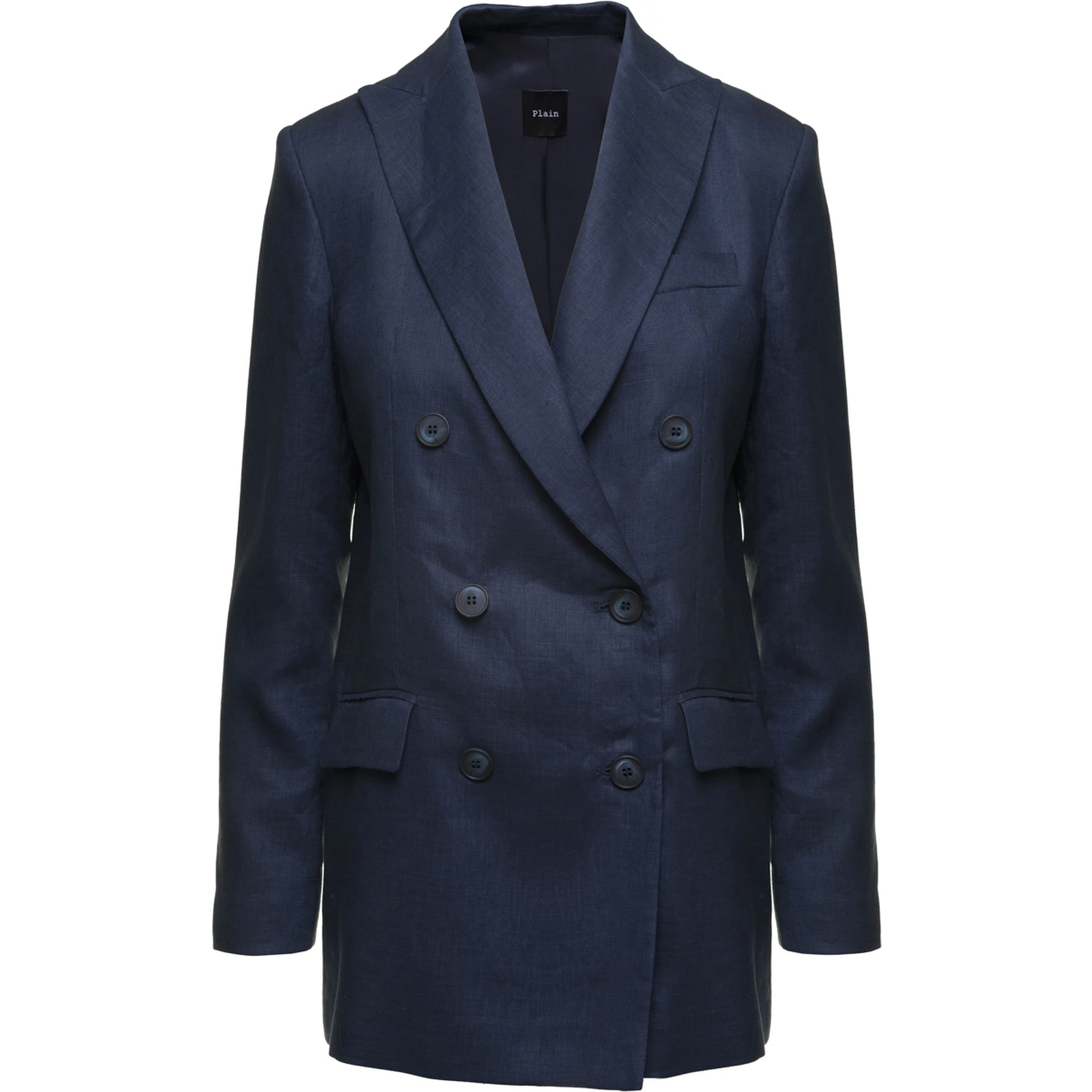 Blue Double-breasted Jacket in Linen Woman
