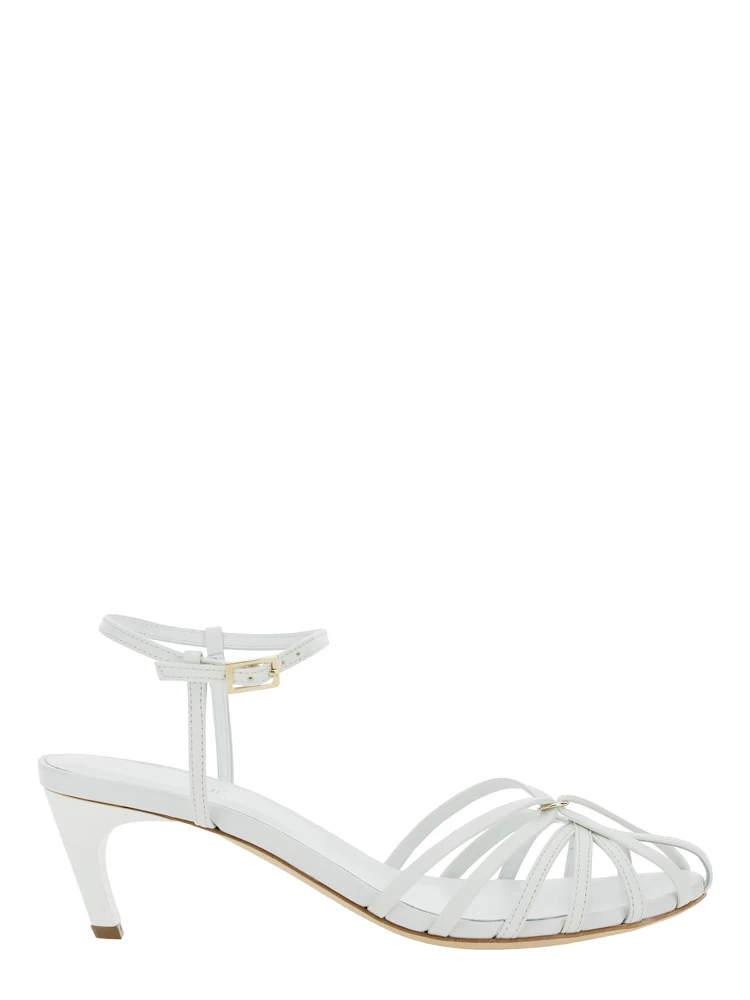White Heeled Sandals with Cage Design in Leather Woman