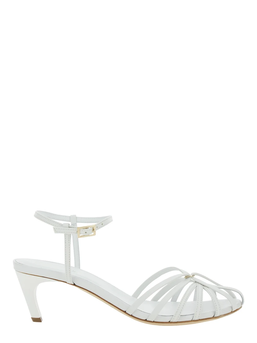 White Heeled Sandals with Cage Design in Leather Woman