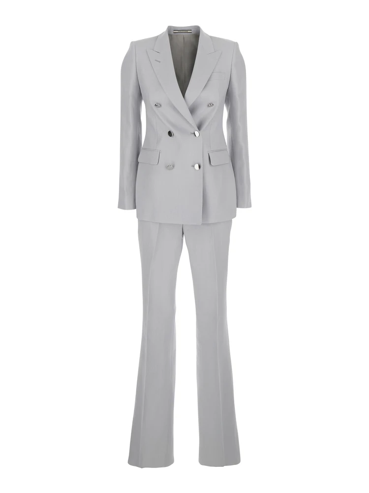 Grey Double-Breasted Suit with Golden Buttons in Linen Woman