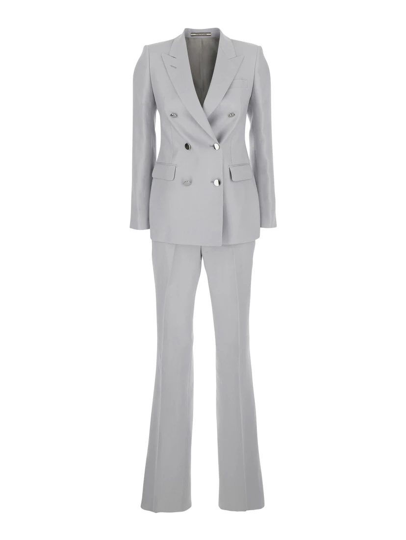 Grey Double-Breasted Suit with Golden Buttons in Linen Woman