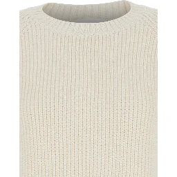 White Knit Crewneck Sweater in Cotton and Cashmere Blend Woman
