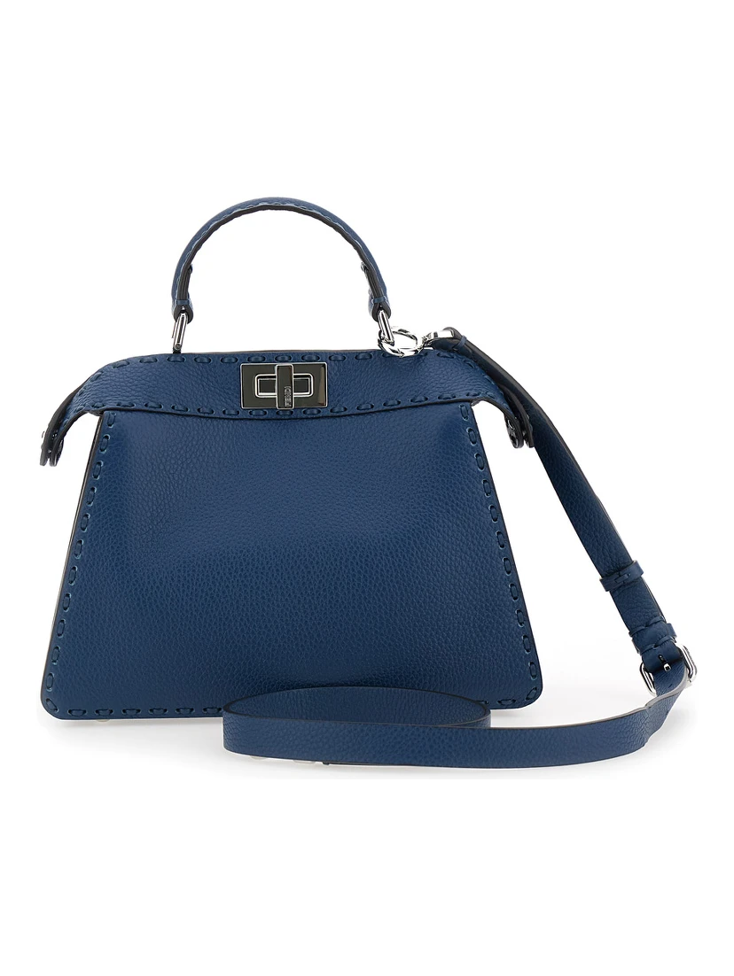 Peekaboo ISeeU Small Blue Handbag with Shoulder Strap in Leather Woman