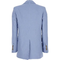 Light Blue Double-Breasted Jacket with Classic Lapels in Linen Woman