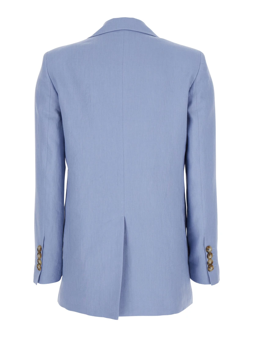 Light Blue Double-Breasted Jacket with Classic Lapels in Linen Woman