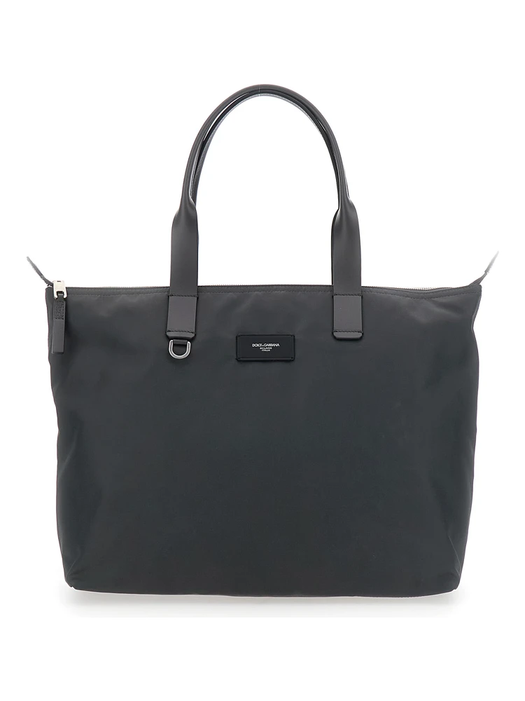 Grey Tote Bag with Two Top Handles and Logo Plaque on the Front in Tech Fabric Man