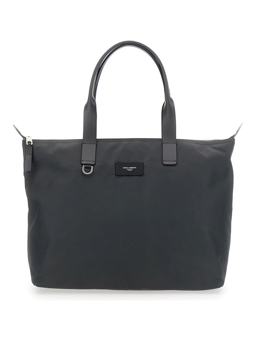 Grey Tote Bag with Two Top Handles and Logo Plaque on the Front in Tech Fabric Man