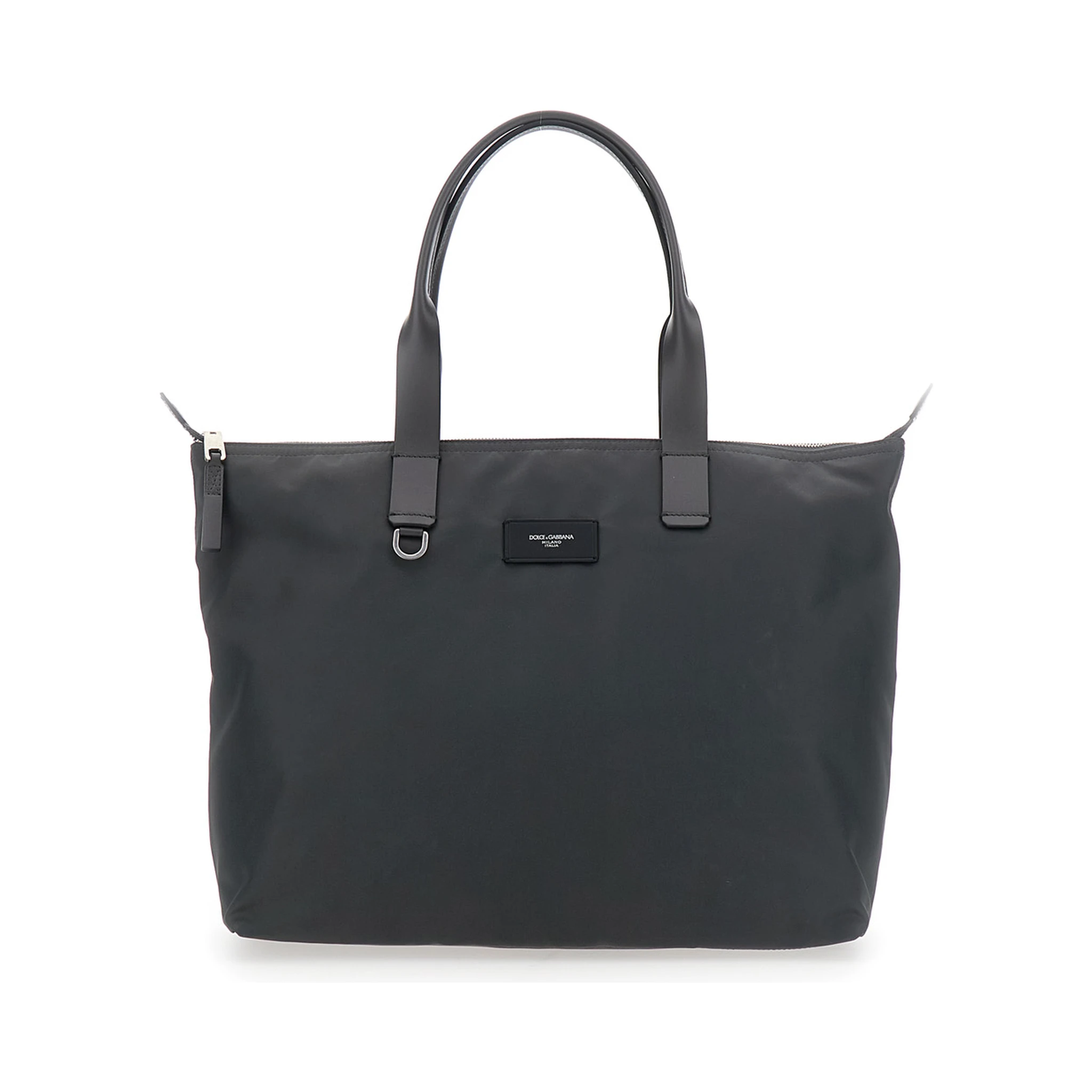 Grey Tote Bag with Two Top Handles and Logo Plaque on the Front in Tech Fabric Man