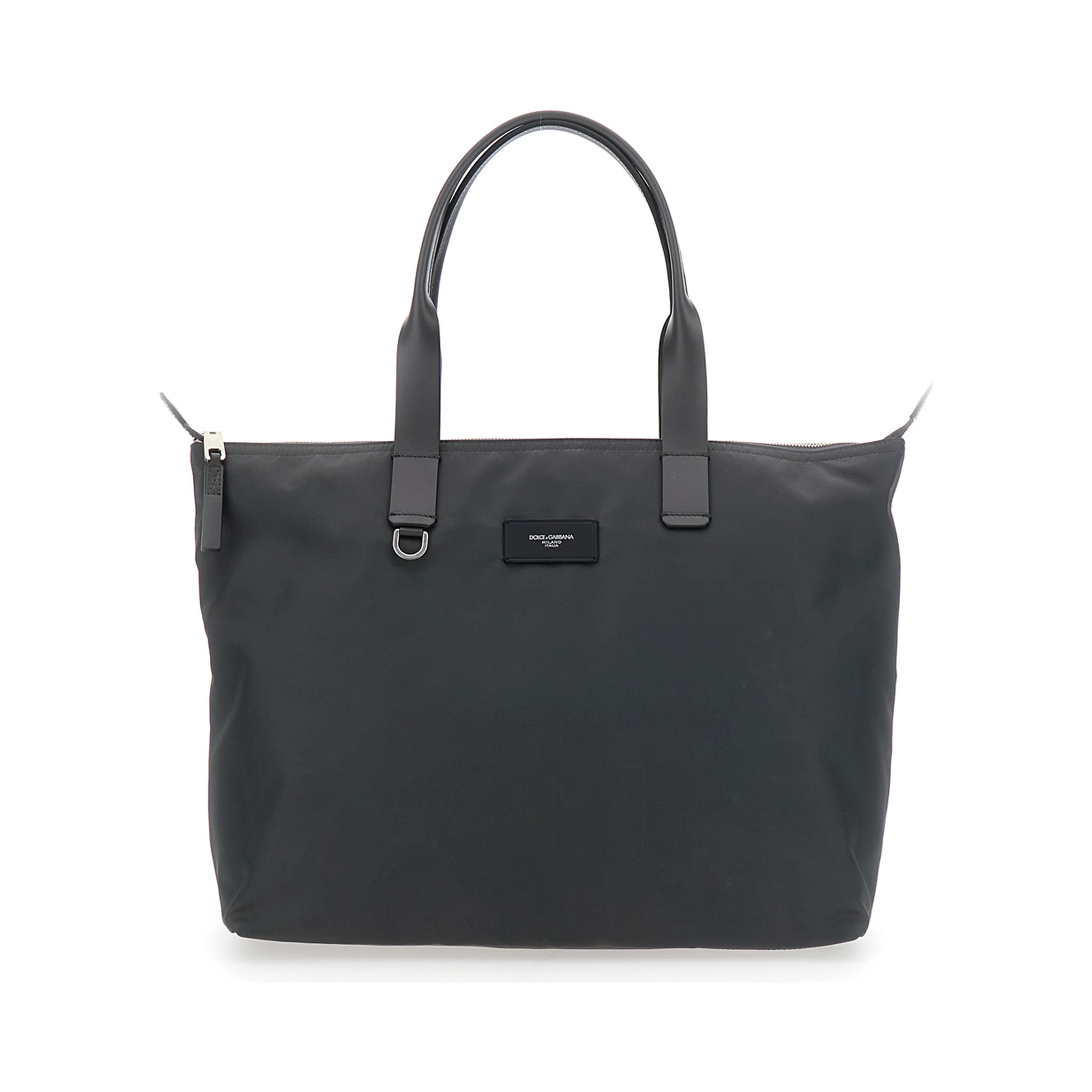 Grey Tote Bag with Two Top Handles and Logo Plaque on the Front in Tech Fabric Man