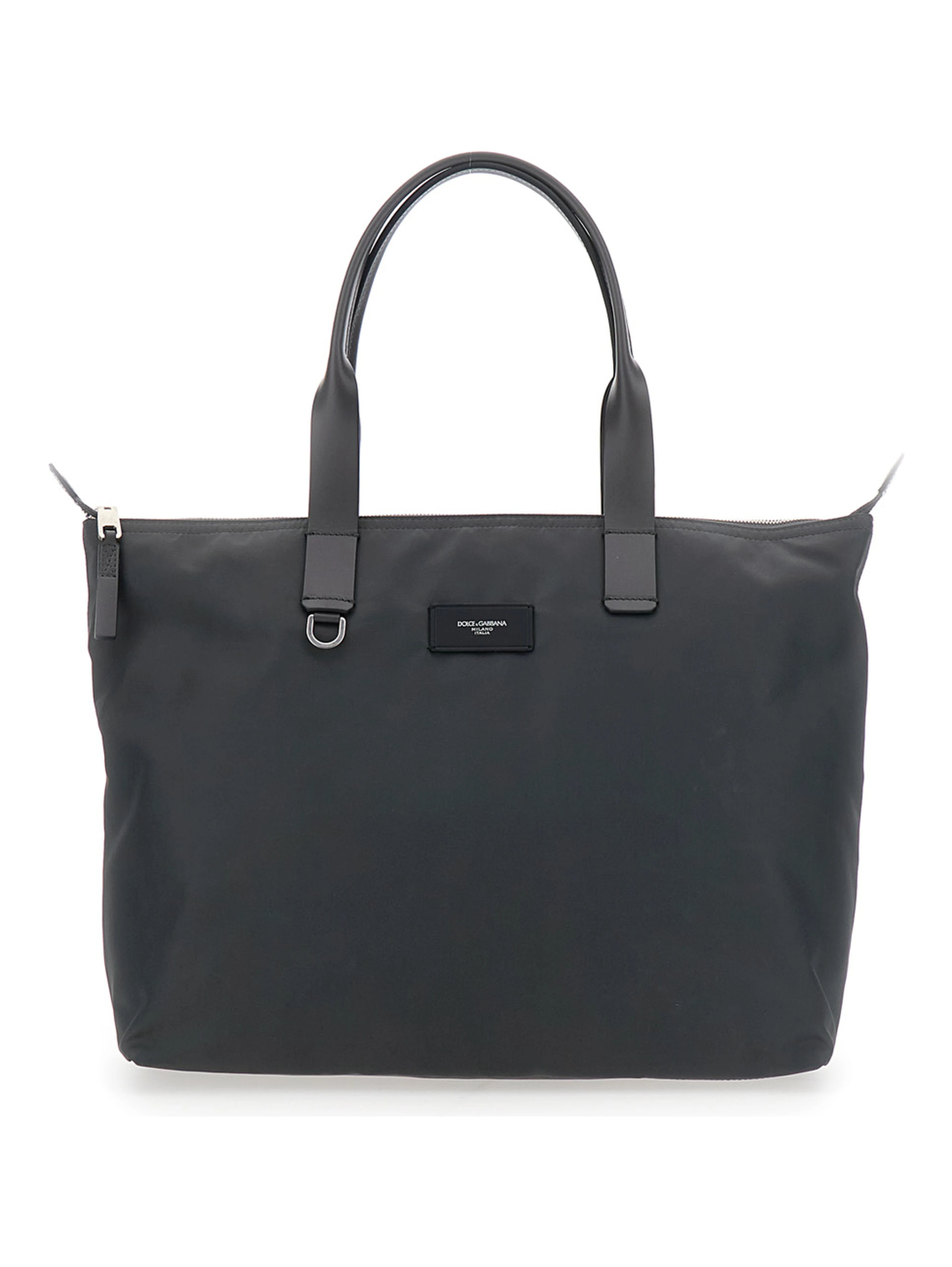 Grey Tote Bag with Two Top Handles and Logo Plaque on the Front in Tech Fabric Man
