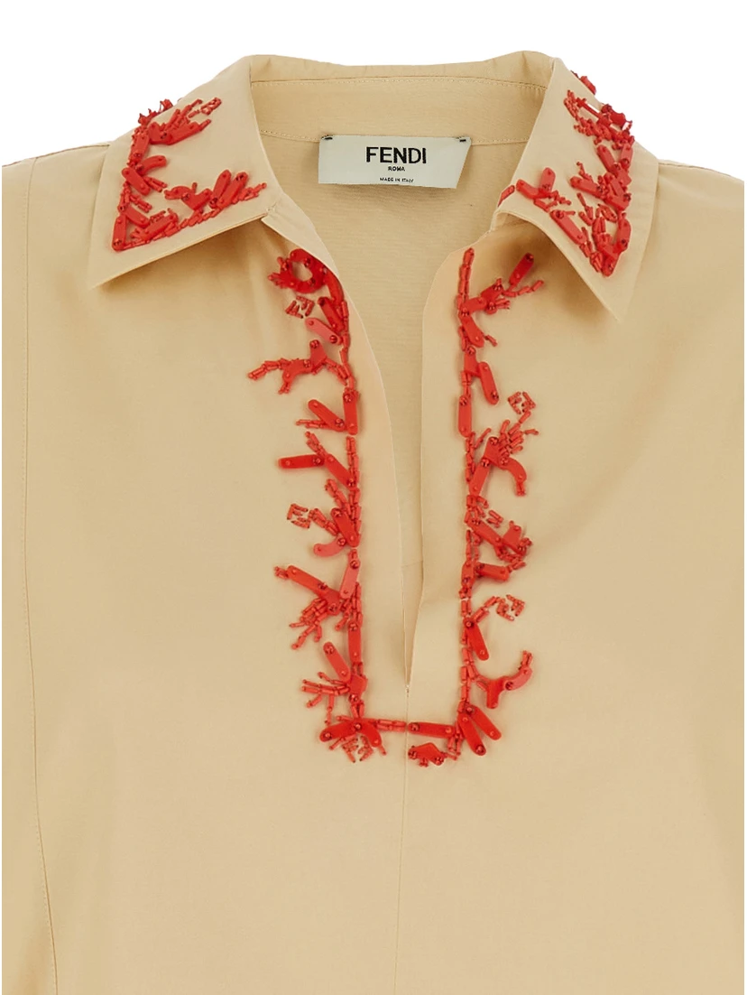 Beige Dress with Open Polo Shirt Style Collar and Embroidery on the Collar in Cotton Woman