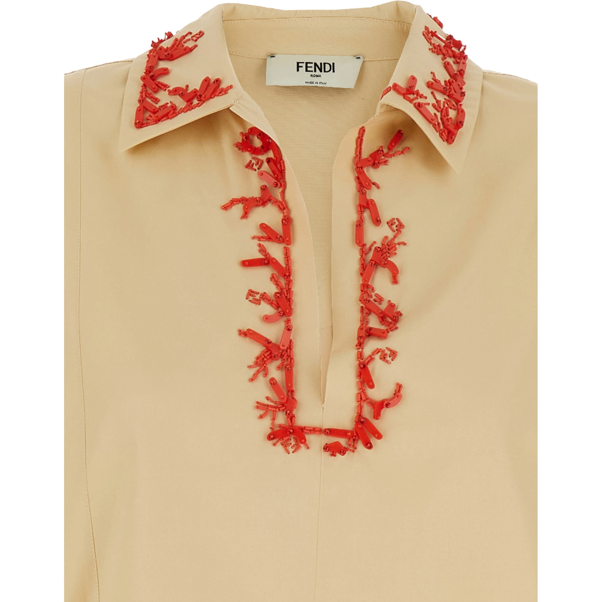 Beige Dress with Open Polo Shirt Style Collar and Embroidery on the Collar in Cotton Woman